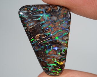 May include: A polished, triangular opal gemstone with a dark brown base color. The stone features intricate patterns of teal, green, and gold, creating a vibrant, iridescent effect. The opal is held between two fingers.