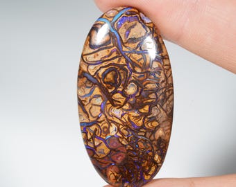 May include: An oval gemstone featuring a detailed pattern of brown, gold, and blue. The surface of the stone is covered in intricate, web-like designs, giving it a unique appearance. The gemstone is held between two fingers.