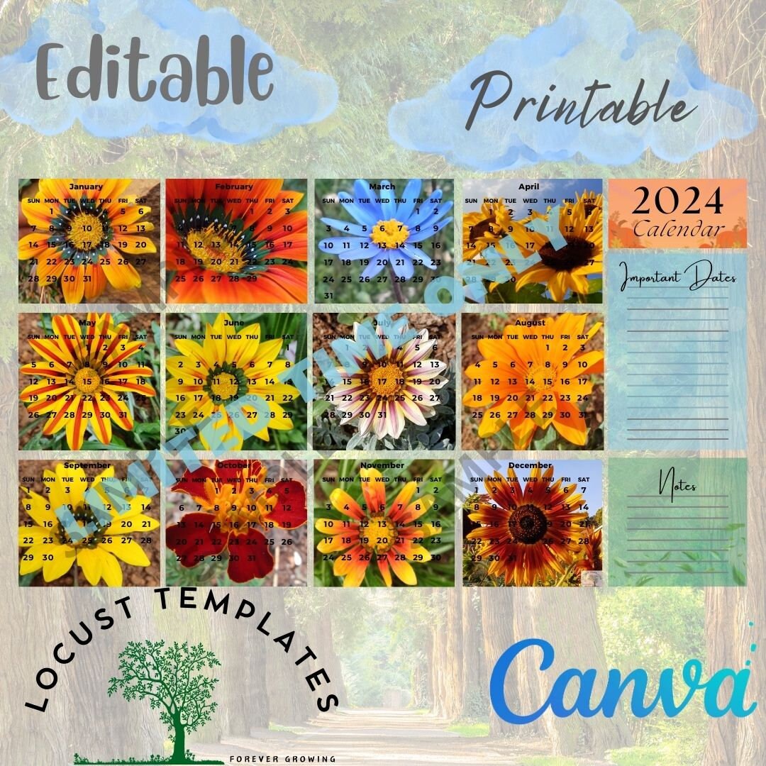 2024 Printable Editable Floral Yearly / Monthly Calendar 2024 Flower ...