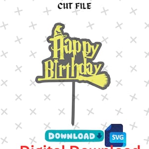 May include: A digital download file for a laser cut or engraved design of a yellow "Happy Birthday" sign with a witch's hat and broom. The design is on a white background with a gray and yellow pattern.