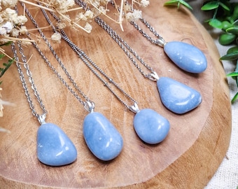 Angelite Silver Pendant | Sterling Silver 925 Necklace Chain Stone Crystal Jewelry Natural Gemstone Her Him Women Men Gift Box Minimalistic