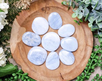 Blue Calcite Pocket Stone | Palm Stone Hand Gemstone Crystal Rock Gift Polished Smooth Stone Flat Disk Worry Stone Pocket Hug Spiritual