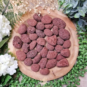 May include: A collection of reddish-brown lava rocks of varying sizes and shapes, displayed on a round wooden plate. The porous stones are arranged in a circular pattern, surrounded by greenery and white flowers. The text "GEMSTONE GODDESS" is visible at the bottom.