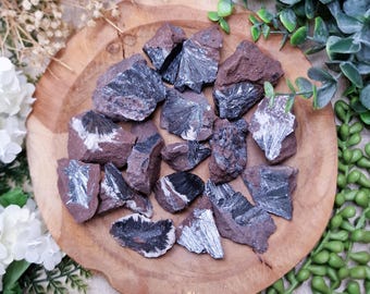 May include: A collection of rough, raw hematite stones, showcasing a deep reddish-brown hue with striking silver and black metallic inclusions. The stones are arranged on a wooden plate, surrounded by greenery and white flowers.