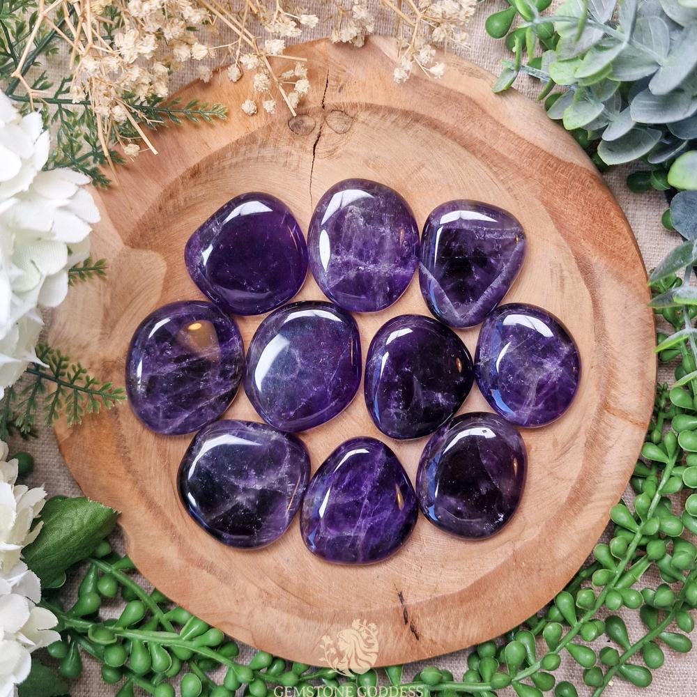 Amethyst Pocket Stone | Palm Stone Hand Gemstone Crystal Rock Gift Her Him Polished Smooth Stone Flat Disk Worry Stone Pocket Hug Spiritual