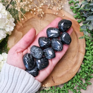 May include: A handful of polished black stones with silver-gray veining. The stones are smooth and rounded, reflecting light. The image is set against a wooden background with greenery and white flowers.