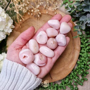 Peut inclure: Une main tenant une collection de pierres d'opale rose polies. Les pierres varient en taille et en forme, avec un aspect lisse et arrondi. L'arrière-plan comprend une surface en bois et de la verdure.