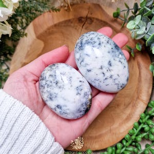 May include: Two white and grey dendritic agate palm stones. The stones are smooth and polished, with a natural, organic shape.