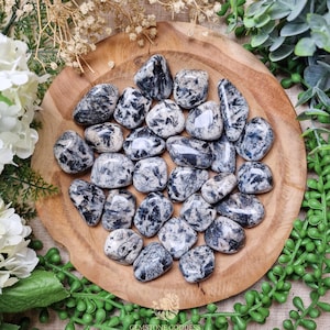 May include: A collection of tumbled black and white zebra jasper stones in a wooden bowl. The stones are smooth and polished, with a variety of patterns and markings.