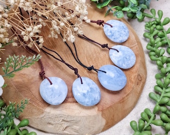 May include: Six light blue gemstone pendants with brown cords are displayed on a wooden surface, surrounded by greenery and dried flowers. The oval-shaped stones have a smooth, polished finish. The pendants are a natural, earthy accessory.