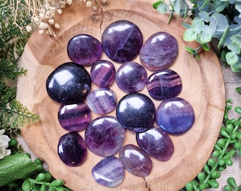 Purple Fluorite Pocket Stone | Palm Stone Hand Gemstone Crystal Rock Gift Her Him Polished Smooth Stone Flat Disk Worry Pocket Hug Spiritual