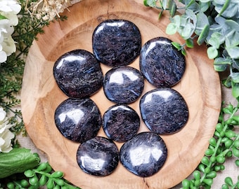Arfvedsonite Pocket Stone | Palm Stone Hand Gemstone Crystal Rock Gift Her Him Polished Smooth Stone Flat Disk Worry Pocket Hug Spiritual
