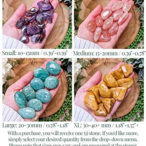 May include: Four images showcase polished stones in various colors and sizes. The first displays purple amethyst stones, followed by pink quartz, then turquoise amazonite, and finally, golden jasper. Text indicates sizes ranging from 0.39 to 1.57 inches.