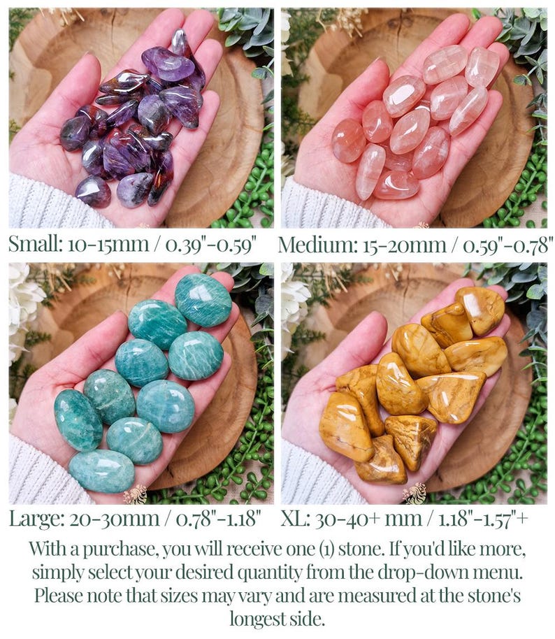 May include: Four images showcase polished stones in various colors and sizes. The first displays purple amethyst stones, followed by pink quartz, then turquoise amazonite, and finally, golden jasper. Text indicates sizes ranging from 0.39 to 1.57 inches.