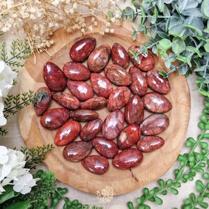 Könnte beinhalten: Eine Sammlung polierter, oval geformter Edelsteine in Rot- und Brauntönen, angeordnet auf einem Holzbrett. Die Edelsteine haben eine glänzende Oberfläche und unterschiedliche Muster. Die Anordnung ist von Grün und Trockenblumen umgeben.