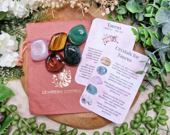 Taurus Crystals | Crystal Set Kit Zodiac Sign Astrology Star Sign Birthstone April May Tumbled Stone Gemstone Rock Gift Her Him Spiritual