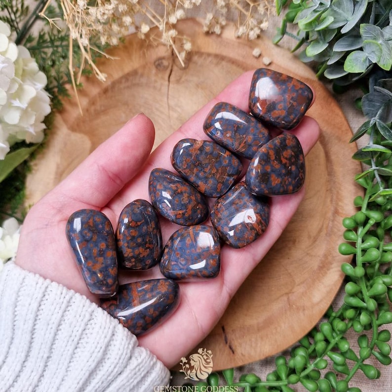 May include: A collection of polished gemstones with a blue and brown speckled pattern. The stones are held in a hand, showcasing their smooth, rounded shapes. The gemstones are displayed on a wooden surface.