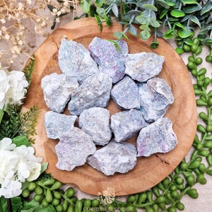 May include: A collection of rough, raw ruby in zoisite stones in shades of gray, green, and pink, displayed on a wooden plate. The stones are surrounded by greenery and white flowers. The text "GEMSTONE GODDESS" is visible.