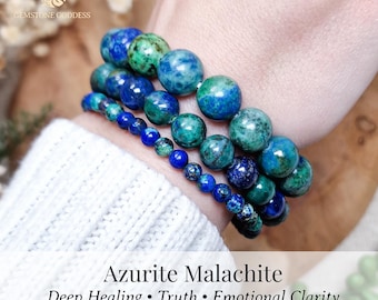Azurite Malachite Bracelet 4mm 6mm 8mm 10mm 12mm | Healing Intuition Truth Expression Spiritual Third Eye Chakra | Gemstone Crystal Jewelry