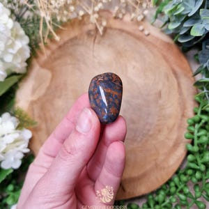 May include: A polished gemstone with a blue and brown mottled pattern. The stone is held in a hand and is surrounded by greenery and flowers. The gemstone has a smooth, rounded shape and a glossy finish.
