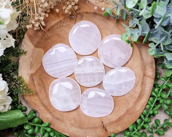 Mangano Calcite Pocket Stone | Palm Hand Gemstone Crystal Rock Gift Him Her Polished Smooth Flat Disk Worry Stone Pocket Hug Spiritual