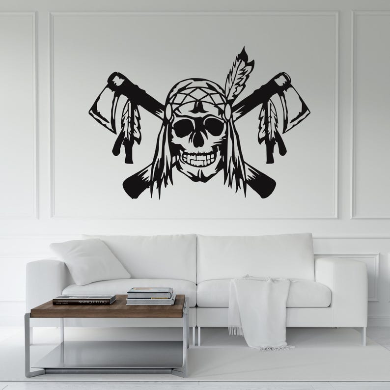 Native American Skull DXF, Chief Headdress Wall Art, Crossed Tomahawks ...