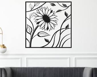 DIY Minimalist Sunflower Wall Art Laser Cut – Square Frame Design (dxf, dwg, svg, pdf, ai, cdr, plt, png)