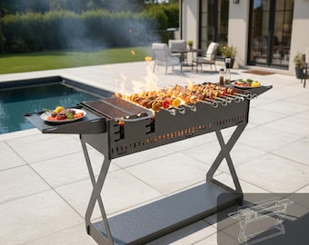 XL 1000mm Professional BBQ Grill Station dxf - 16 Skewers Collapsible Fire Pit Plans - CNC Laser Plasma Cut Metal Project - Outdoor Kitchen