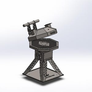 May include: A gray metal charcoal grill with an octagonal cooking grate and a hinged lid. The grill features a central ventilation fan, a sturdy base with perforated legs, and a handle attached to the lid with two vertical supports.