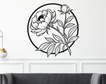 DIY Peony Flower Wall Art Laser Cut – Round Frame Design (dxf, dwg, svg, pdf, ai, cdr, plt, png)