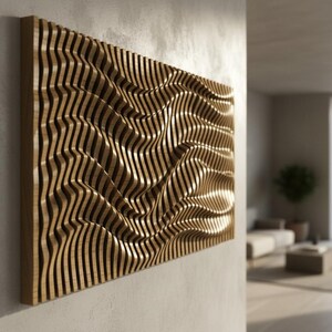 May include: A rectangular wall art piece composed of numerous vertical wooden slats arranged in a wavy, three-dimensional pattern. The light brown wood features a natural grain texture, creating a rhythmic, undulating surface across the entire panel.