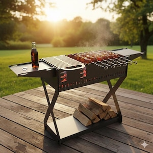 Puede incluir: Una parrilla de metal negro con un diseño plegable, con una superficie para asar, brochetas con comida cocinada y una mesa auxiliar con una botella. La parrilla está sobre una terraza de madera con leña debajo.