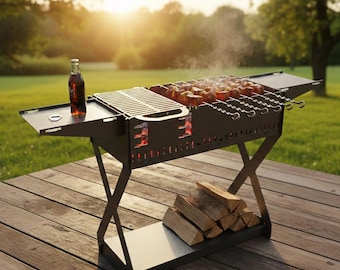 Large 750mm BBQ grill dxf files for CNC cutting - Collapsible Fire Pit with adjustable grate and Side Shelves - Professional DIY design