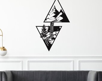 Mountain Waterfall DXF, Nature Geometric Wall Art, Forest Landscape Vector for Laser Cut, CNC Plasma Cutting Design, Pine Tree Decor