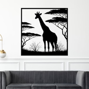 May include: Black and white wall art featuring a silhouette of a giraffe standing in a savanna landscape. The artwork includes stylized trees, grass, and bushes, all set against a white background within a black frame. The giraffe is the focal point.