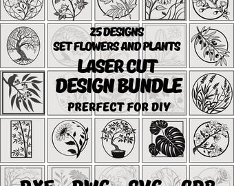 Complete Collection of 25 Floral Laser Cut Designs - Flowers and Plants Bundle - dxf, dwg, svg, cdr Files