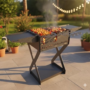Può includere: Un barbecue a carbone in metallo scuro con cibo su spiedini. Il barbecue ha un design angolare unico. Lo sfondo mostra piante e luci a corda, creando un'atmosfera da giardino.