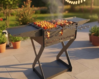 DXF Files for Creating a Compact Collapsible BBQ Grill via CNC Laser or Plasma Cutting, Outdoor Charcoal Grill Design Plans