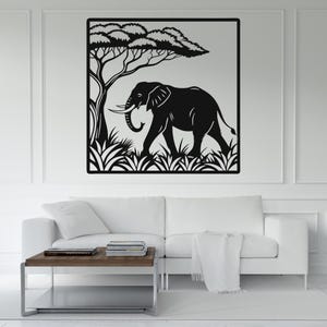 May include: Black metal wall art depicting an elephant walking under a tree. The silhouette design includes detailed grass and tree foliage. The elephant has large tusks and is walking from left to right.