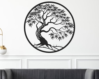 Japanese Maple Wall Art tree Laser Cut – Elegant Leaf in Circular Frame (dxf, dwg, svg, pdf, ai, cdr, plt, png)
