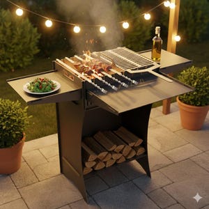 May include: A dark metal outdoor grill with skewers of meat cooking over an open flame. A side table holds a plate of salad and a bottle of oil. The grill has a lower shelf with firewood.
