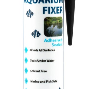 May include: A white tube of pond and aquarium fixer adhesive and sealant. The tube has a black cap and a black nozzle. The label is blue and white and says "Pond and Aquarium Fixer" and "Adhesive & Sealant". The label also lists six features: Bonds All Surfaces, Seals Under Water, Solvent Free, Marine and Fish Safe, Instant Repair, and Easy to Use. The label also has a small image of a fish and a frog. The tube is made by RDL.