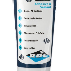 May include: A blue and white tube of pond and aquarium fixer adhesive and sealant. The tube has a blue label with white text that reads "Pond and Aquarium Fixer" and "Adhesive & Sealant". The label also lists six features of the product: Bonds All Surfaces, Seals Under Water, Solvent Free, Marine and Fish Safe, Instant Repair, and Easy to Use. The tube is made by RDL.