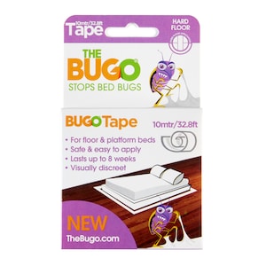 May include: Purple and white packaging for bed bug traps called "The Bugo". The packaging shows a cartoon bed bug and the text "10mtr/32.8ft BugoTape Stops Bed Bugs". The packaging also includes the text "New TheBugo.com".