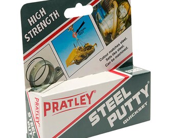 May include: A green, red, and white box with the text "PRATLEY® STEEL PUTTY QUICKSET" on it. The box contains a tube of steel putty that is used for repairing metal surfaces. The box also has images of a bulldozer and a metal pipe.