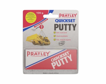 May include: A package of Pratley Quickset Putty, a product for repairs, with a red and white design. The package includes the text "Sets rock hard", "Hand mouldable", and "Fills, seals & repairs". The package contains 100 g of putty.