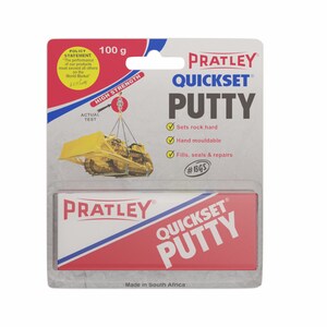 May include: A red and white package of Pratley Quickset Putty, a high-strength sealant. The package shows a yellow bulldozer being lifted by a chain. The package says "Sets rock hard", "Hand mouldable", "Fills, seals & repairs", and "#645".