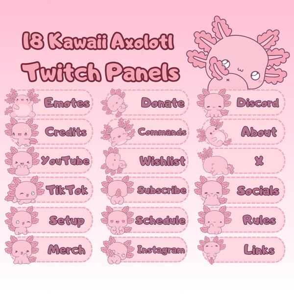 Kawaii Axolotl Twitch Panels for Streamers and VTubers