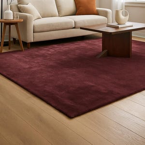 May include: A living room scene featuring a burgundy area rug, a beige sofa with an orange pillow, and a dark wood coffee table. A framed abstract art piece hangs above the sofa. A floor lamp and side table with decor complete the cozy setting.