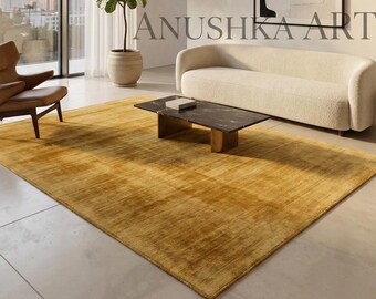 Luxury Handwoven Solid Viscose Tip Sheared Area Rug Mustard Gold Textured Distressed Carpet for Modern Luxe Living Room Tactile Design Decor